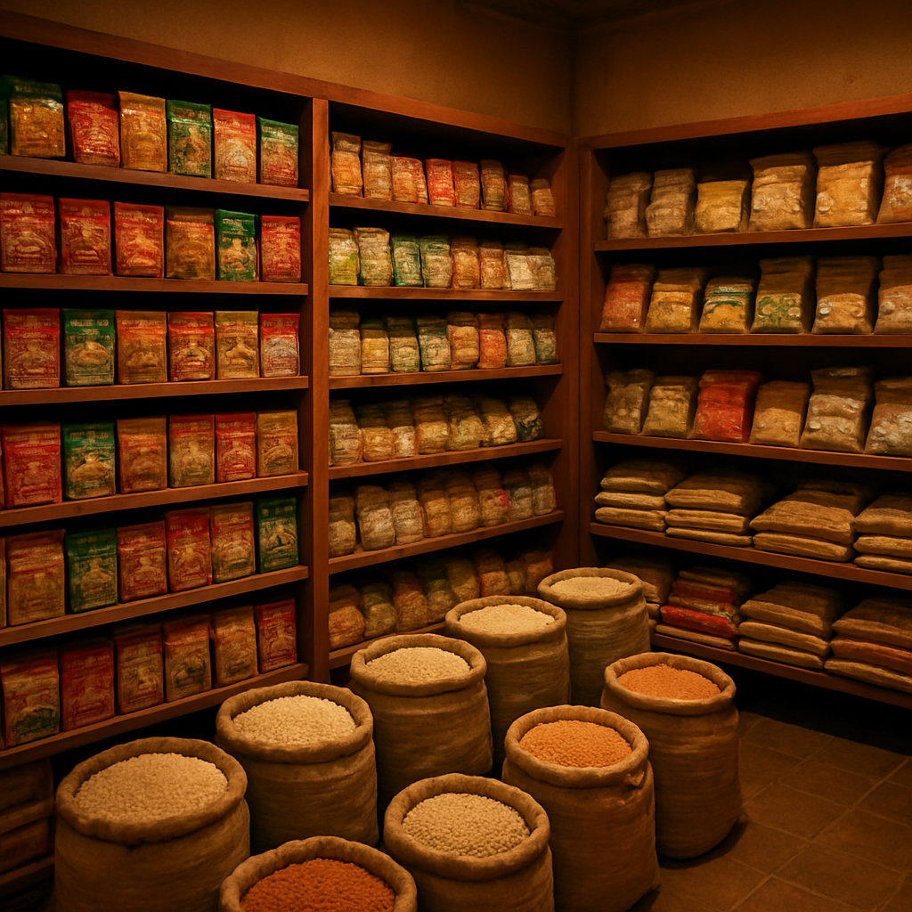 Inside Asian Spice & Lentil Store — shelves stocked with spices, lentils and Asian pantry goods