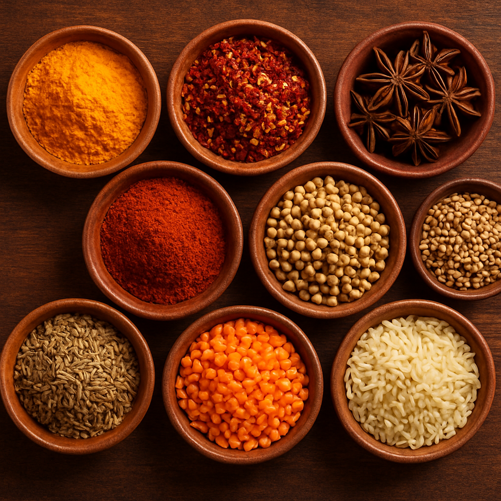 Colourful Asian spices and herbs arranged in bowls on a dark wooden surface