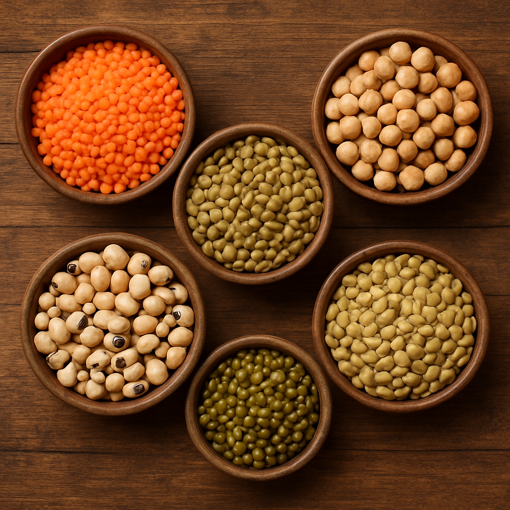 Assorted lentils and pulses arranged in bowls on a wooden board