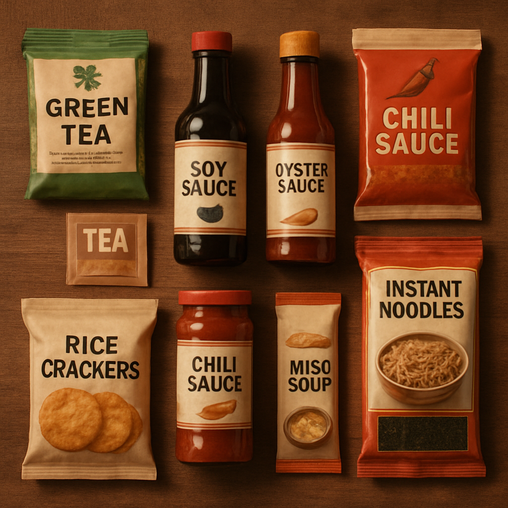 Asian grocery pantry staples including sauces, teas and snacks