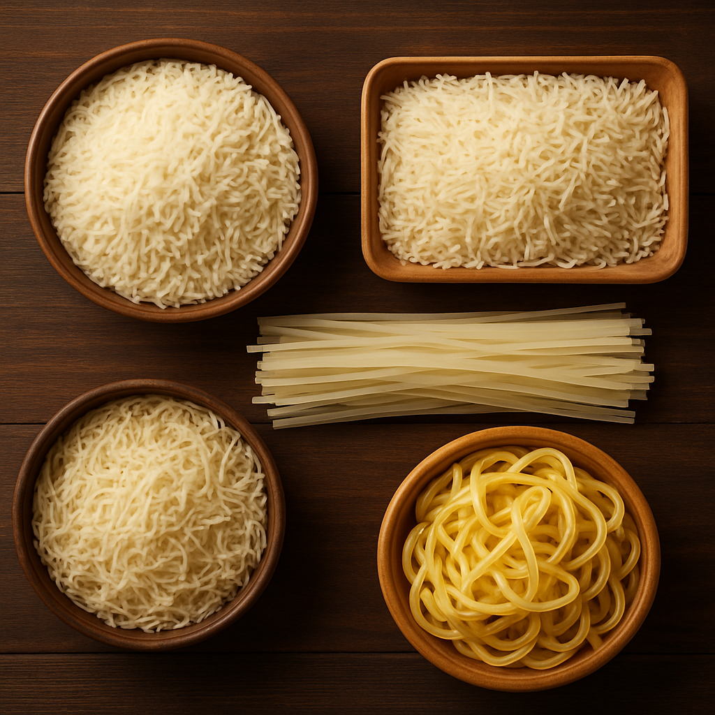 Different varieties of rice and dry noodles on a dark wooden surface