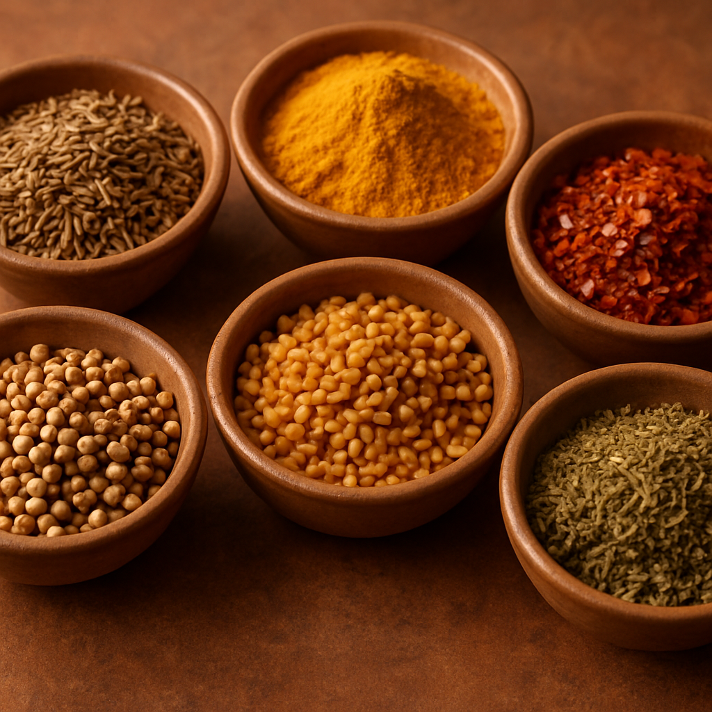 Selection of colourful Asian spices and herbs in small ceramic bowls